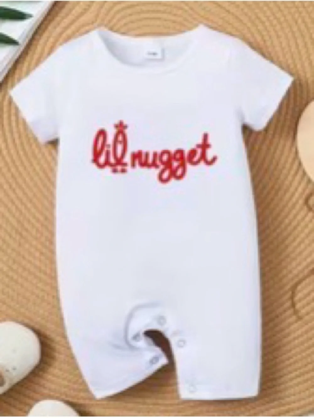 Chick-fil-A style ‘Lil Nugget’ White Baby One-Piece Romper with Red Script 3-6m